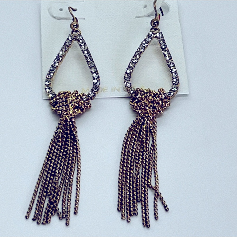 3.5’ Fringe Rhinestone Tear Drop Dangle Gold Tone Earrings. Elegant Made USA